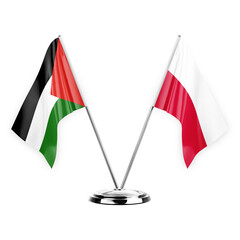 Two table flags isolated on white background 3d illustration, palestine and poland