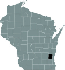 Black highlighted location map of the Washington County inside gray administrative map of the Federal State of Wisconsin, USA