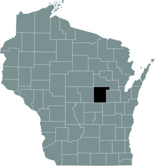 Black highlighted location map of the Waupaca County inside gray administrative map of the Federal State of Wisconsin, USA