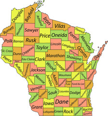 Pastel vector administrative map of the Federal State of Wisconsin, USA with black borders and name tags of its counties