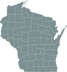 Gray vector administrative map of the Federal State of Wisconsin, USA with white borders of its counties