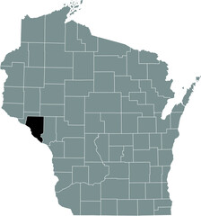 Black highlighted location map of the Buffalo County inside gray administrative map of the Federal State of Wisconsin, USA