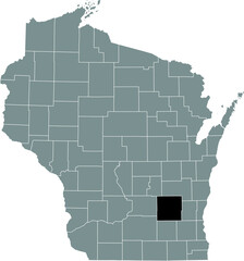 Black highlighted location map of the Dodge County inside gray administrative map of the Federal State of Wisconsin, USA