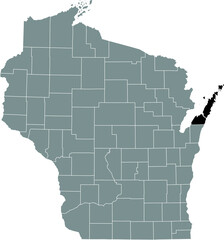Black highlighted location map of the Door County inside gray administrative map of the Federal State of Wisconsin, USA