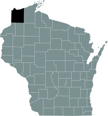 Black highlighted location map of the Douglas County inside gray administrative map of the Federal State of Wisconsin, USA