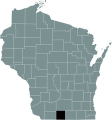 Black highlighted location map of the Green County inside gray administrative map of the Federal State of Wisconsin, USA