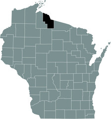Black highlighted location map of the Iron County inside gray administrative map of the Federal State of Wisconsin, USA