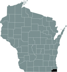 Black highlighted location map of the Kenosha County inside gray administrative map of the Federal State of Wisconsin, USA