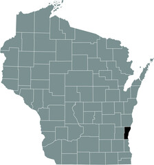 Black highlighted location map of the Ozaukee County inside gray administrative map of the Federal State of Wisconsin, USA