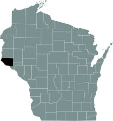 Black highlighted location map of the Pierce County inside gray administrative map of the Federal State of Wisconsin, USA
