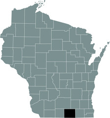 Fototapeta premium Black highlighted location map of the Rock County inside gray administrative map of the Federal State of Wisconsin, USA