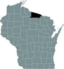 Black highlighted location map of the Vilas County inside gray administrative map of the Federal State of Wisconsin, USA
