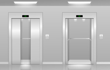 Realistic 3d Detailed Elevator with Opened and Closed Metal Doors Modern Interior Office or Hotel. Vector realistic empty lobby interior with lift