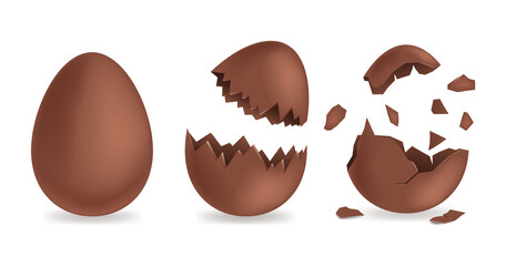 Realistic chocolate eggs set. Broken, exploded eggshell, two halves and whole chicken egg. Chocolate egg, child's surprise for Easter and holidays, broken.