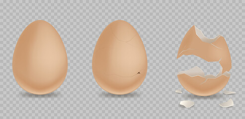 Cracked egg. Cartoon 3d realistic chicken broken eggs with cracks and smithers. Egg realistic Illustration