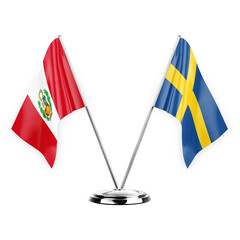 Two table flags isolated on white background 3d illustration, peru and sweden