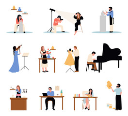 Creative occupation set. Designer and artist at work, dancer. Collection of male and female art, handicraft and creative workers or professionals.
