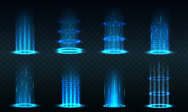 Futuristic hologram portal, magic teleport or level up effect. Realistic teleportation portal. Light aura and glowing hologram. Energy circles and rays on transparent background.