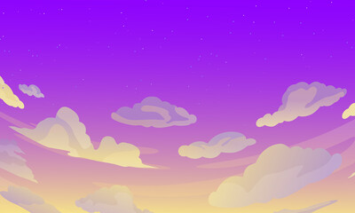 Fototapeta na wymiar Sunset sky. Cartoon summer sunrise with pink clouds and sunshine, evening cloudy heaven panorama. Sunset. Background design
