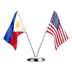 Two table flags isolated on white background 3d illustration, philippines and usa