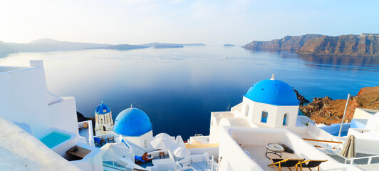 white belfries Santorini island, Greece
