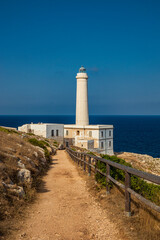 The lighthouse of Punta Palascia, in Otranto, Lecce, Salento, Puglia, Italy. The cape is Italy's most easterly point. The building is on the promontory that separates the Adriatic and Ionian seas.