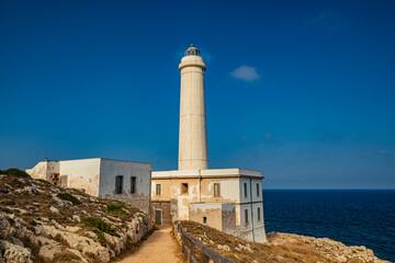 The lighthouse of Punta Palascia, in Otranto, Lecce, Salento, Puglia, Italy. The cape is Italy's most easterly point. The building is on the promontory that separates the Adriatic and Ionian seas.