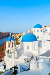 Fototapeta premium white belfries Santorini island, Greece