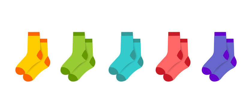 Children's colorful rainbow socks. Collection of children's shoes. Variety of knitted loaches and tights.t vector