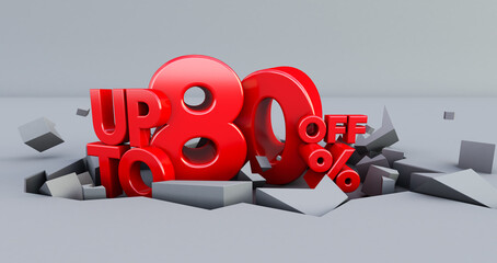 3D render of red Up to 80% off, Sale Up to 80 Percent Off, explosion, cracked earth