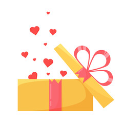Open yellow surprise gift box with pink bow, valentine day celebration concept, special gift bag. Hearts are flying from a gift box, vector isolated on white background.