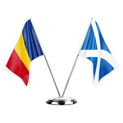 Two table flags isolated on white background 3d illustration, romania and scotland