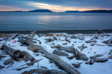 Snowfall in the San Juan Islands of the Pacific Northwest. A somewhat rare snow event blankets the...