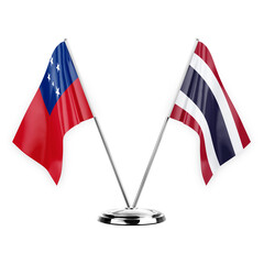 Two table flags isolated on white background 3d illustration, samoa and thailand