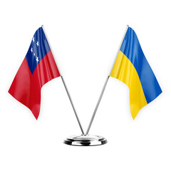 Two table flags isolated on white background 3d illustration, samoa and ukraine