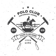 Fototapeta premium Polo club sport badge, patch, emblem, logo. Vector illustration. Vintage monochrome equestrian label with rider and horse silhouettes. Polo club competition riding sport. Concept for shirt or logo