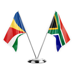 Two table flags isolated on white background 3d illustration, seychelles and south africa