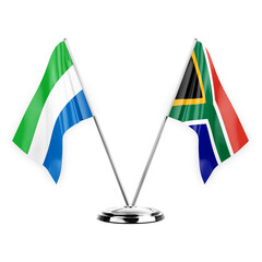 Two table flags isolated on white background 3d illustration, sierra leone and south africa