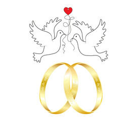 Goldene Ehe oder Verlobungs- Ringe mit Tauben und Liebes Herz,
Goldene Eheringe mit Liebesbotschaft eingraviert,
Vektor illustration isoliert auf weißem Hintergrund
