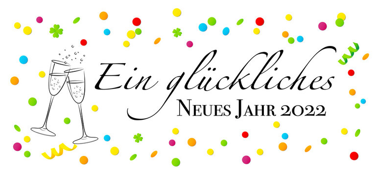 Glückwunschkarte „Ein glückliches Neues Jahr 2022“ mit Sektgläser und Konfetti,
Silvester Banner, Vektor Illustration isoliert auf weißem Hintergrund
