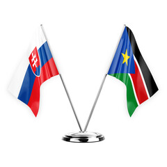 Two table flags isolated on white background 3d illustration, slovakia and south sudan