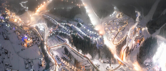 Flight over the ski resort at night
