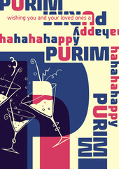 Poster for HAPPY PURIM event with abstract typography and illustration of two wine glasses in retro style.