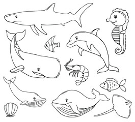 Sea life doodle set. Fisches and corals collection hand drown. Underwater elements in cute style.
