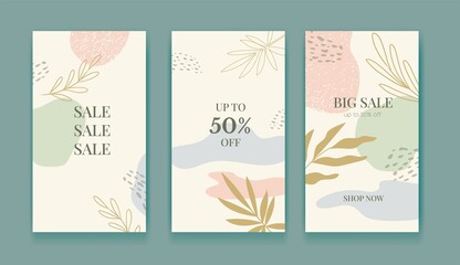 Set of sale stories social media pack template premium vector, organic design in pastel colors. Stylish social media posts, story and photos. Editable templates with space for text. 