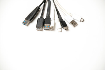 various usb connections close-up on a white background