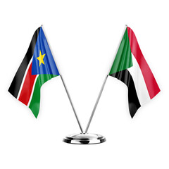 Two table flags isolated on white background 3d illustration, south sudan and sudan