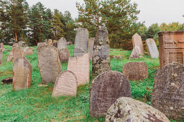Ancient Jewish cemetery in Druya, Belarus. Stones with inscriptions