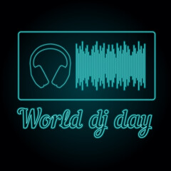 Vector illustration of DJ day. Music wave with neon effect in turquoise color as a symbol of world DJ day. Neon headphones. Banner for decoration of a musical event