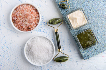 jade facial roller, Facial skin care, anti age products, sea salt and creme